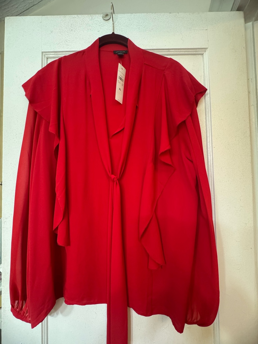 Ann Taylor Red Ruffle Tie-Neck Blouse